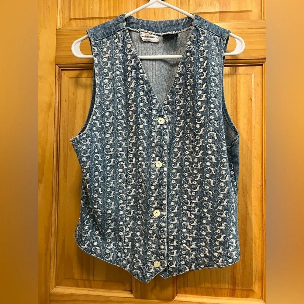 Vintage jean embroidered vest size M Weston Wear brand
